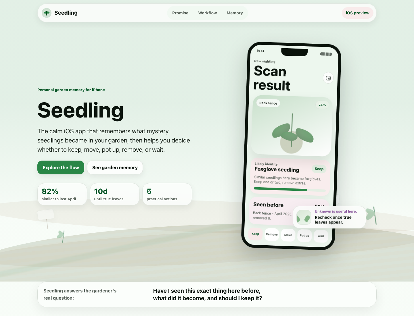 Seedling landing page preview showing the iPhone app concept